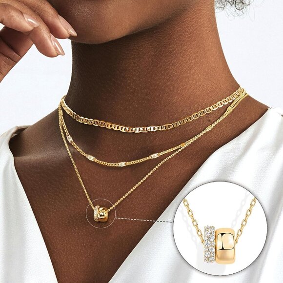 Hypoallergenic Gold Plated Layered Necklaces with Rondelle Pendant for Women - Picture 2 of 7